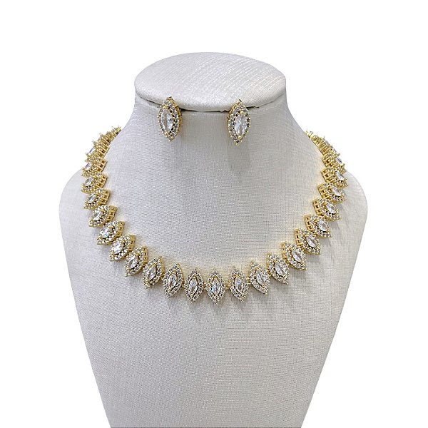 Conjunto Folheado Ouro 18k e Prata 925 Navetes Cravejado