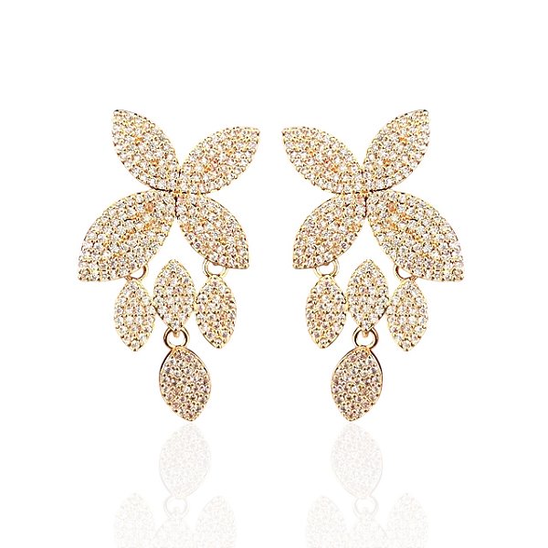 Brinco Folheado Ouro 18k e Prata 925 Folhas Cravejada