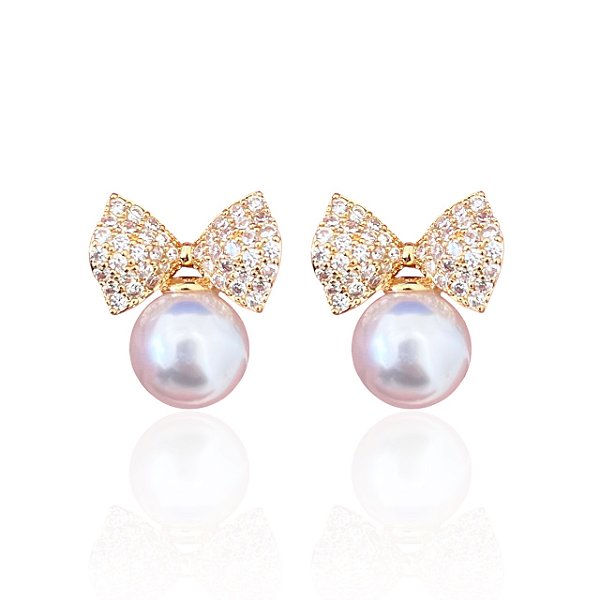 Brinco Folheado Ouro 18k e Prata 925 Laço Cravejado Pérola