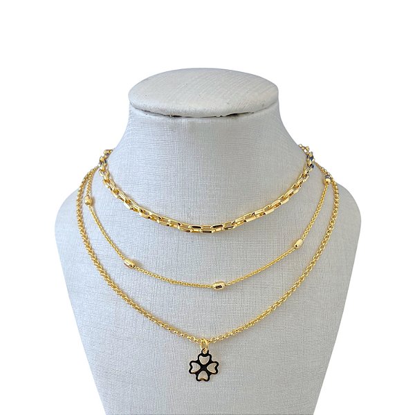 Colar Triplo Folheado Ouro 18k Bolinhas Trevo