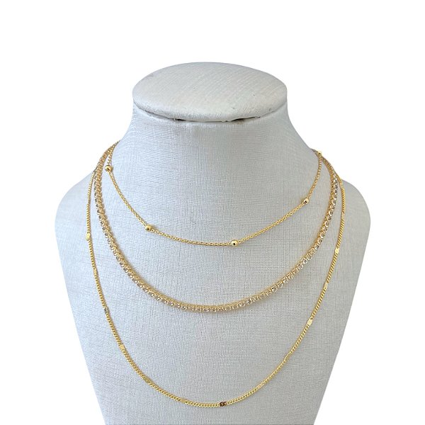 Colar Triplo Folheado Ouro 18k Riviera Corações