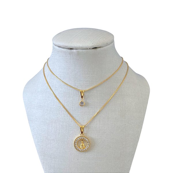Colar Duplo Folheado Ouro 18k Nossa Senhora Cravejada Redonda