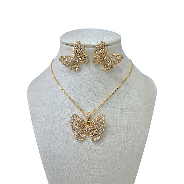 Conjunto Folheado Ouro 18k e Prata 925 Borboleta Cravejada