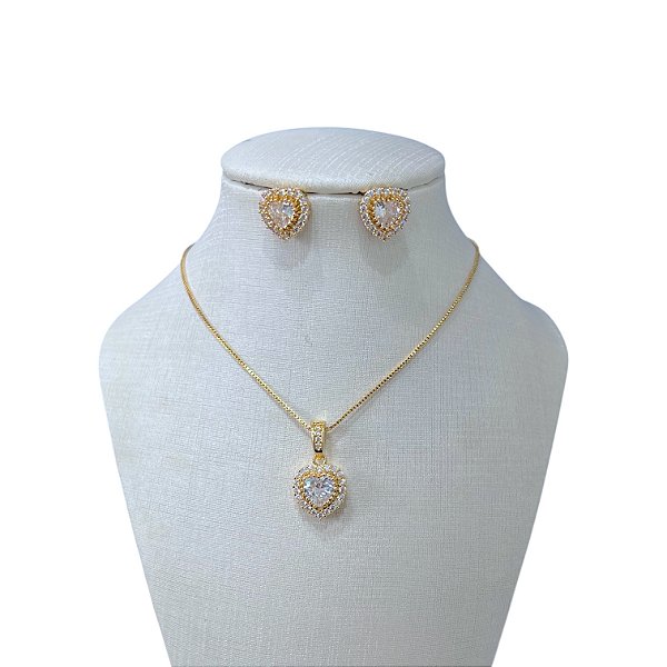Conjunto Folheado Ouro 18k e Prata 925 Coração Cravejado