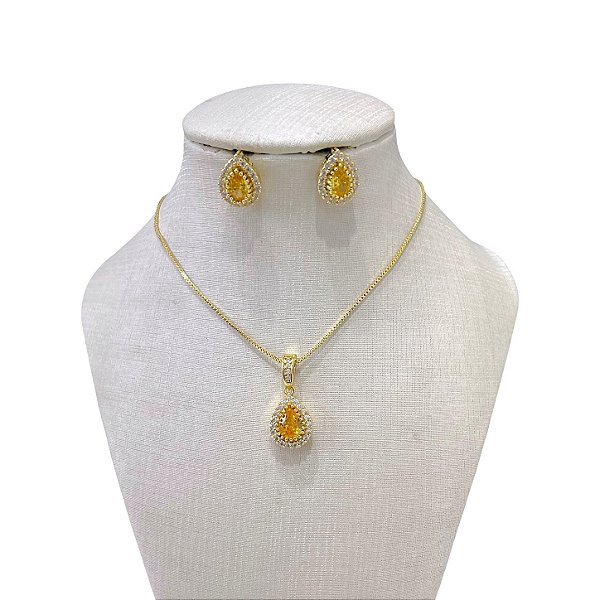 Conjunto Folheado Ouro 18k e Prata 925 Gota Cravejada
