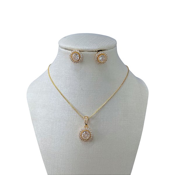 Conjunto Folheado Ouro 18k e Prata 925 Redondo Cravejado