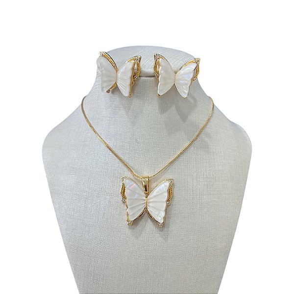 Conjunto Folheado Ouro 18k Borboleta Madrepérola