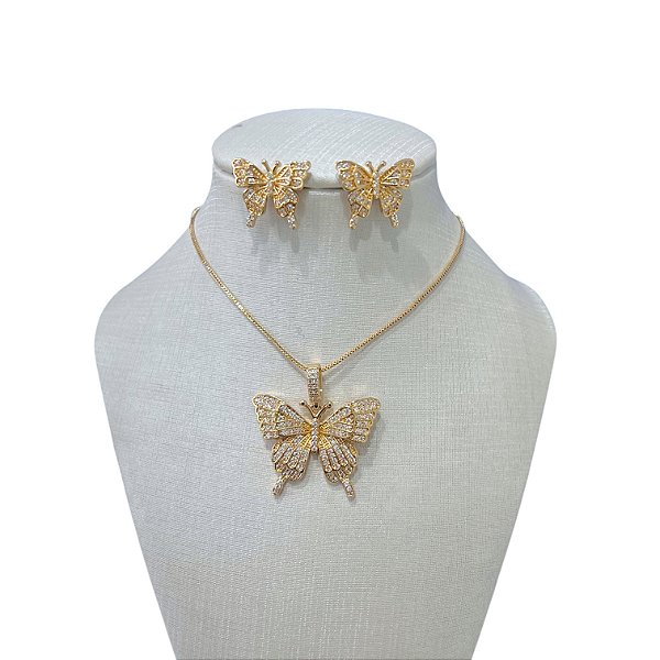 Conjunto Folheado Ouro 18k e Prata 925 Borboleta Cravejada