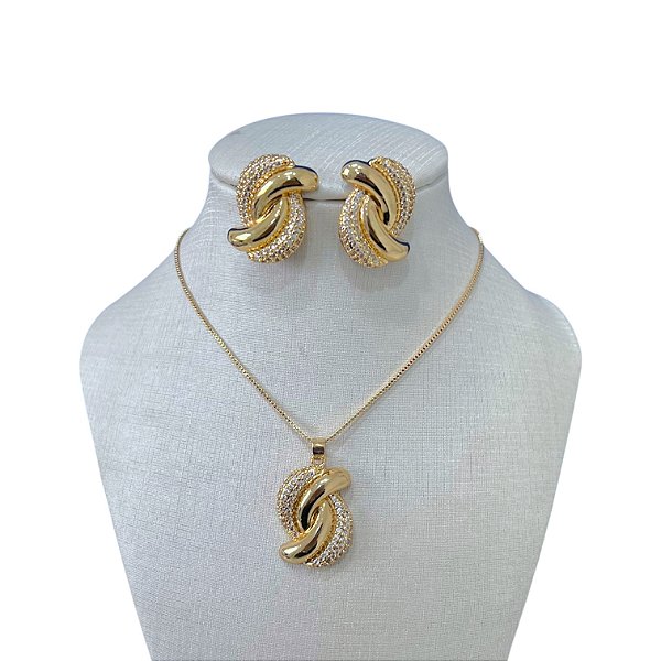 Conjunto Folheado Ouro 18k Torcido Cravejado