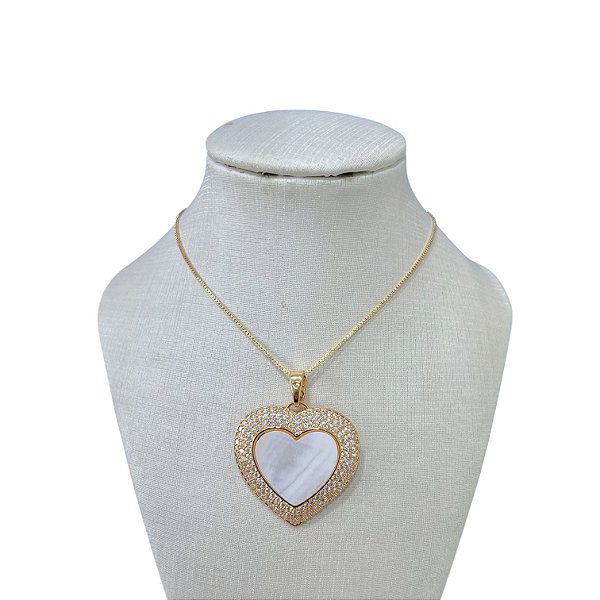 Colar Folheado Ouro 18k Coração Madrepérola Cravejado
