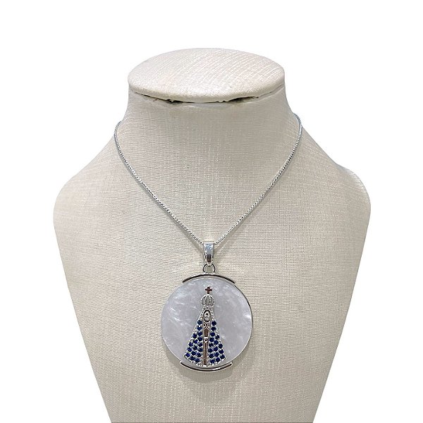 Colar Folheado Ouro 18k e Prata 925 Nossa Senhora Madrepérola Cravejada