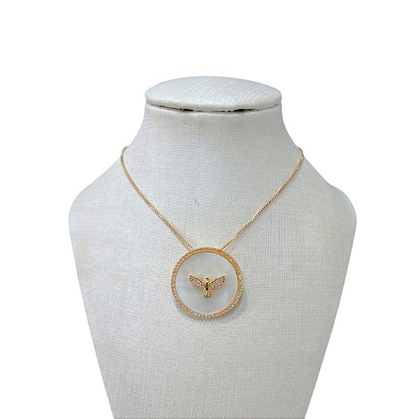 Colar Folheado Ouro 18k Espírito Santo Madrepérola Cravejado