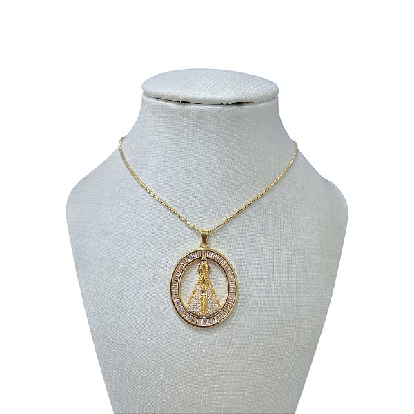 Colar Folheado Ouro 18k e Prata 925 Nossa Senhora Cravejada