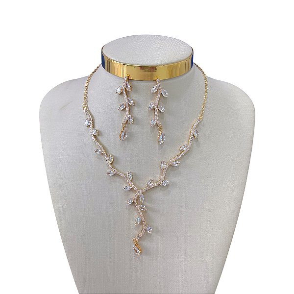 Conjunto Folheado Ouro 18k e Prata 925 Folhas Riviera Cravejada