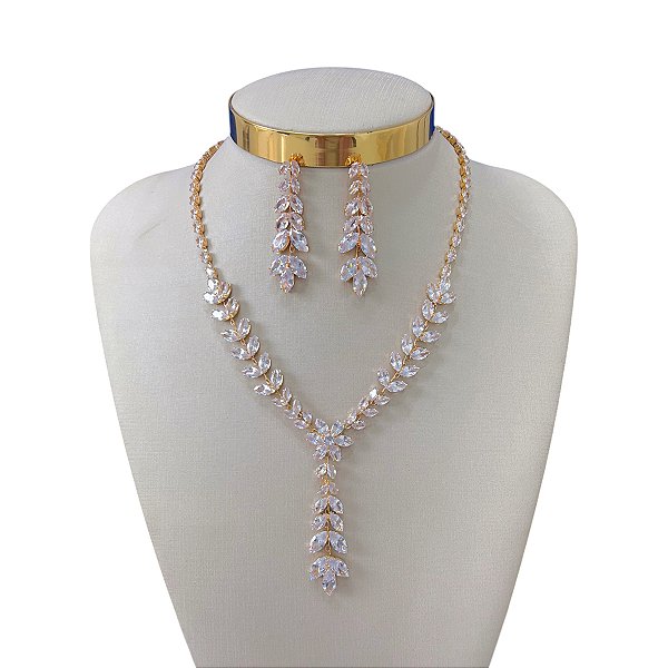 Conjunto Folheado Ouro 18k e Prata 925 Folhas Riviera Cravejada
