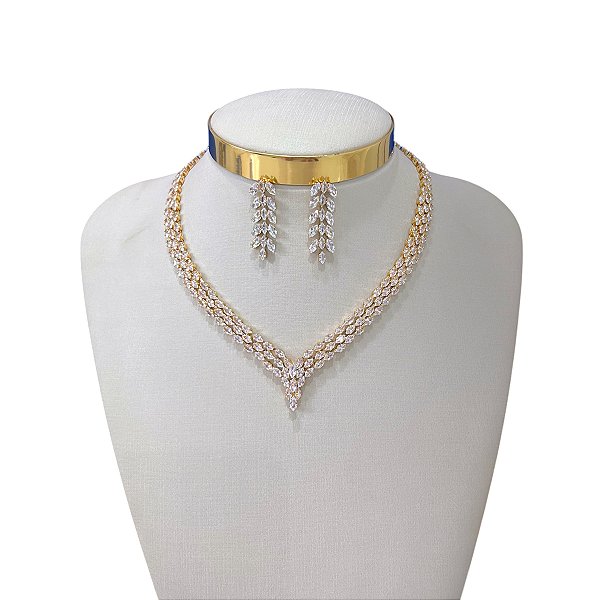 Conjunto Folheado Ouro 18k e Prata 925 Navete Riviera Cravejada