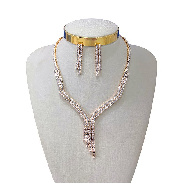 Conjunto Folheado Ouro 18k e Prata 925 Franjas Riviera Cravejada