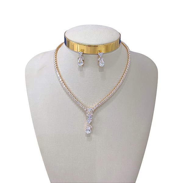 Conjunto Folheado Ouro 18k e Prata 925 Gota Triangulo Riviera Cravejada