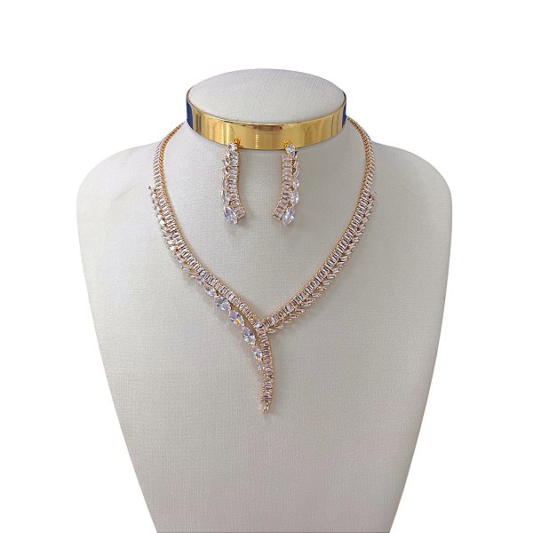 Conjunto Folheado Ouro 18k e Prata 925 Navete Riviera Cravejada