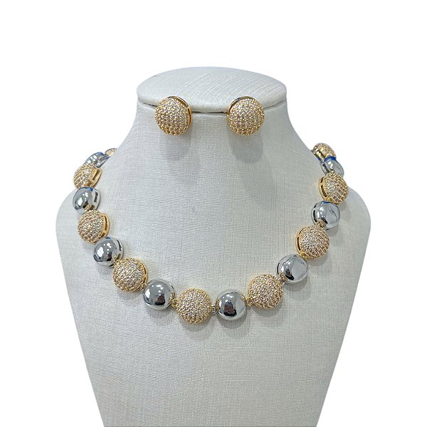 Conjunto Folheado Ouro 18k Redondo Cravejado Dois Banhos