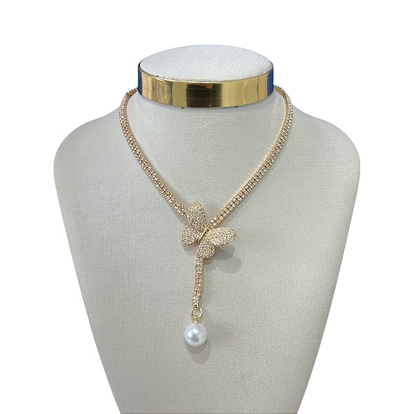 Colar Folheado Ouro 18k e Prata 925 Gravatinha Riviera Borboleta Cravejada Pérola