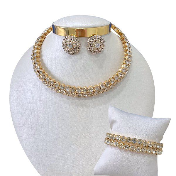 Conjunto Aro Strass Bijuteria Dourado e Prata Duplo Redondo