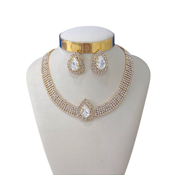 Conjunto Bijuteria Dourado e Prata Malha Strass Gota