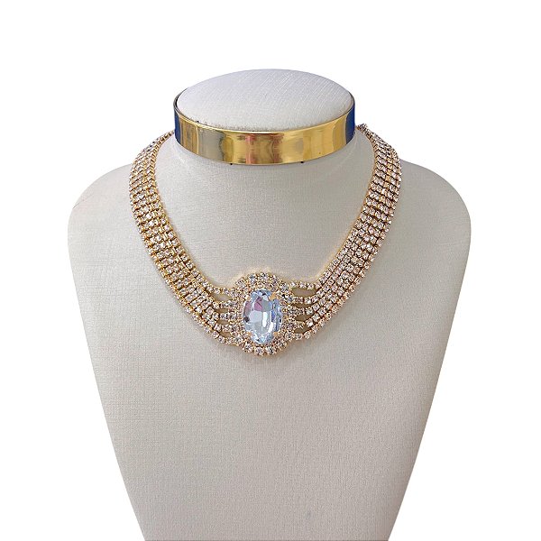 Choker Bijuteria Dourado e Prata Malha Strass Redondo