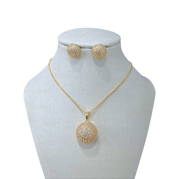 Conjunto Folheado Ouro 18k e Prata 925 Redondo Cravejado