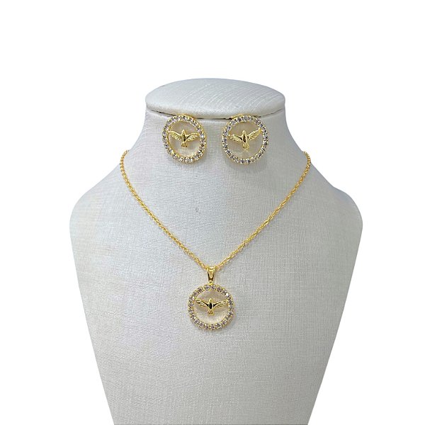 Conjunto Folheado Ouro 18k e Prata 925 Espírito Santo strass