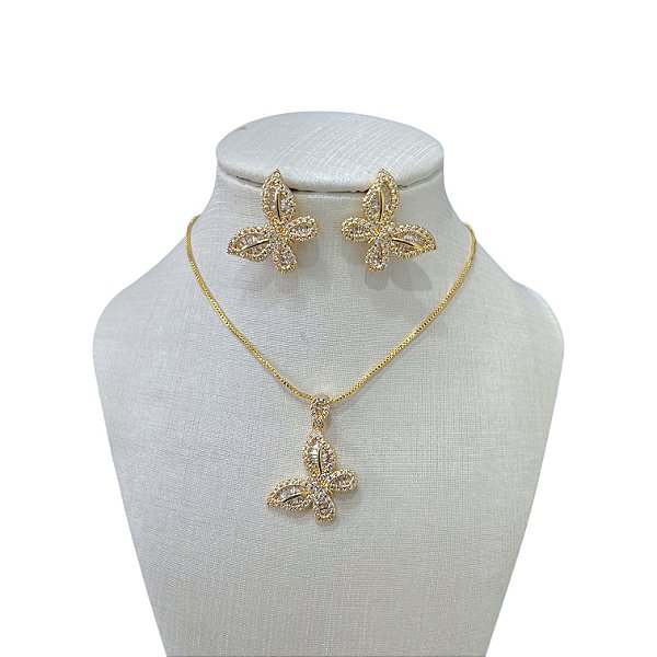 Conjunto Folheado Ouro 18k e Prata 925 Borboleta Cravejada