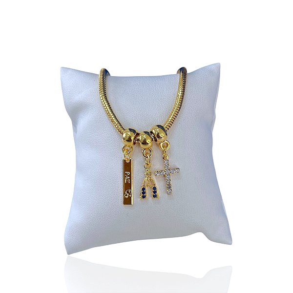Pulseira Folheada Ouro 18k Malha Paz Nossa Senhora Cruz