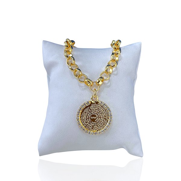 Pulseira Folheada Ouro 18k Elos Português Pai Nosso Strass
