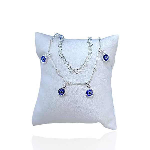 Pulseira Folheada Prata 925 Dupla Olho Grego Corações