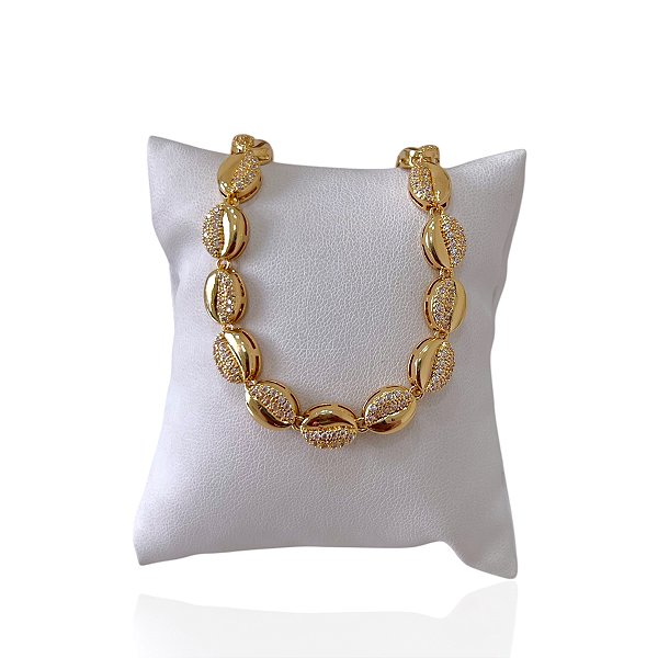 Pulseira Folheada Ouro 18k e Prata 925 Búzios Cravejado