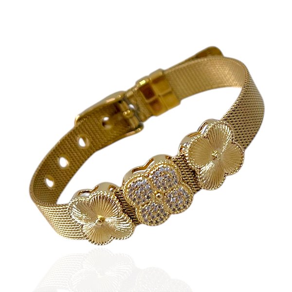 Pulseira Folheada Ouro 18k e Prata 925 Charm Trevo Cravejado