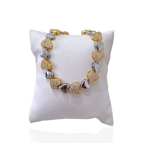 Pulseira Folheada Dois Banhos Corações Cravejado