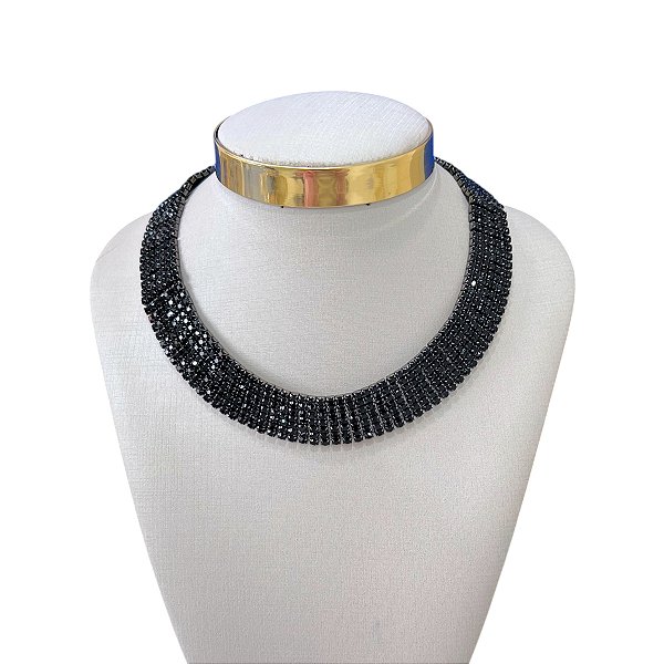 Choker Bijuteria Malha Strass Grafite