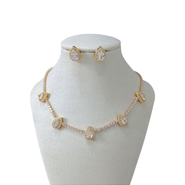 Conjunto Folheado Ouro 18k e Prata 925 Riviera Gotas Cravejada