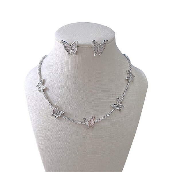 Conjunto Folheado Ouro 18k e Prata 925 Riviera Borboleta Cravejada