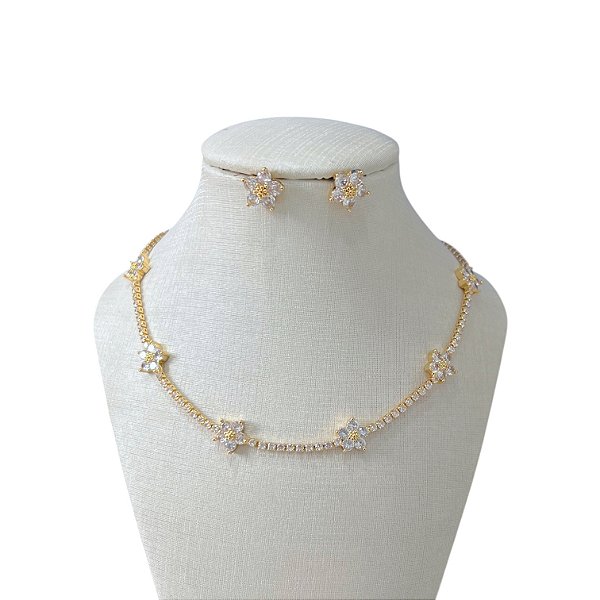 Conjunto Folheado Prata 925 Riviera Flor Cravejada