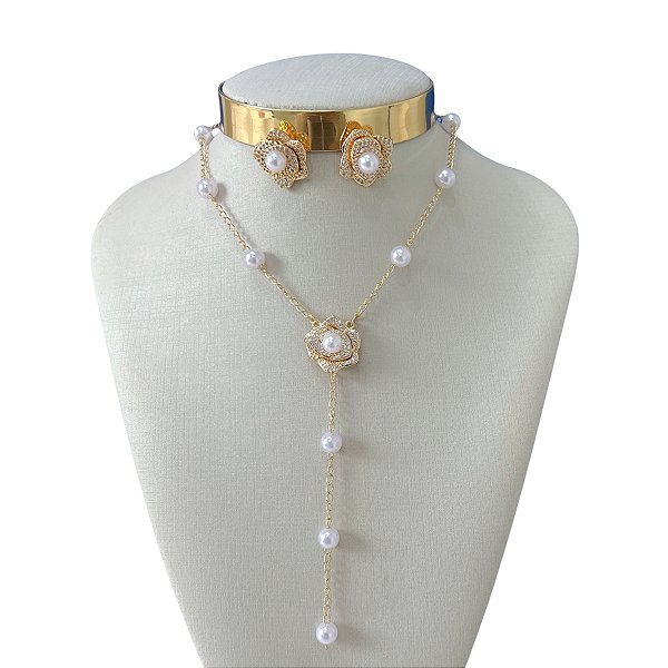 Conjunto Folheado Ouro 18k e Prata 925 Flor Gravatinha Madrepérolas