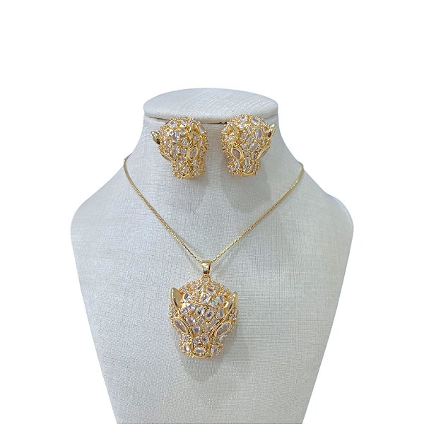 Conjunto Folheado Ouro 18k e Prata 925 Tigre Cravejado