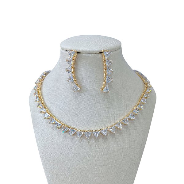 Conjunto Folheado Ouro 18k e Prata 925 Riviera Triângulo Cravejado