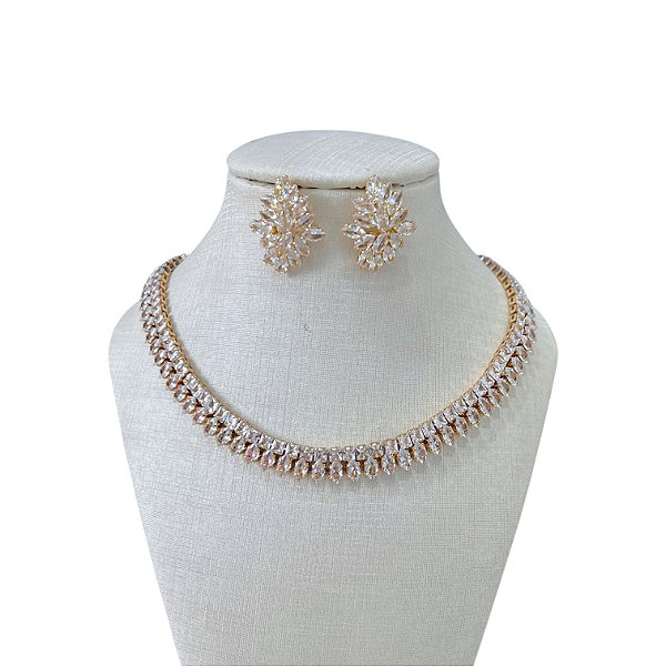 Conjunto Folheado Prata 925 Riviera Navete Cravejado