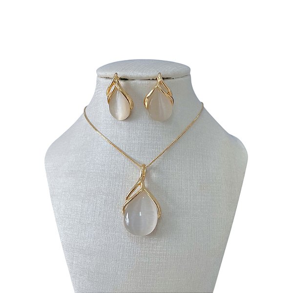 Conjunto Folheado Ouro 18k e Prata 925 Pedraria Gota