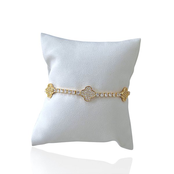 Pulseira Folheada Ouro 18k e Prata 925 Trevo Inspired Cravejada Trava