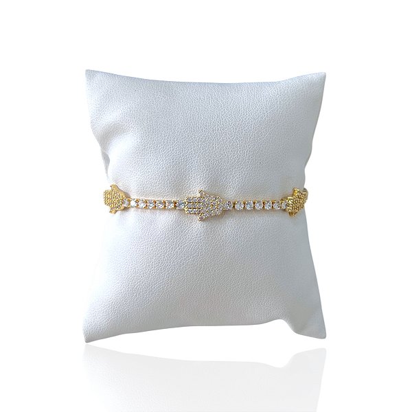 Pulseira Folheada Ouro 18k e Prata 925 Mão de Iansã Cravejada Trava