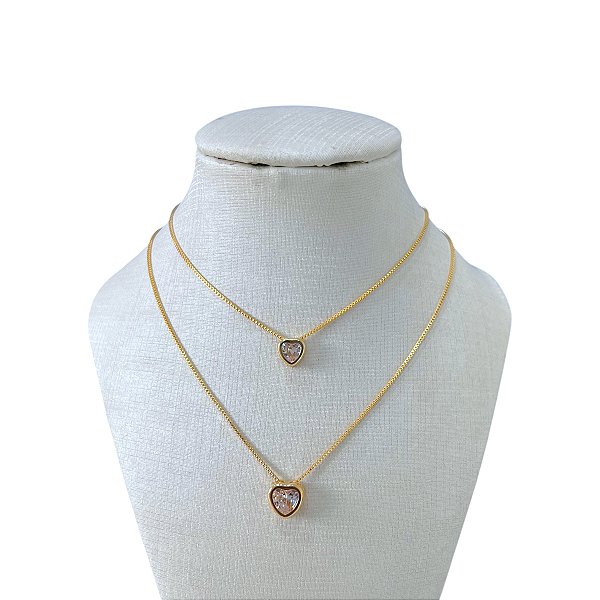 Colar Duplo Folheado Ouro 18k e Prata 925 Coração Ponto de Luz