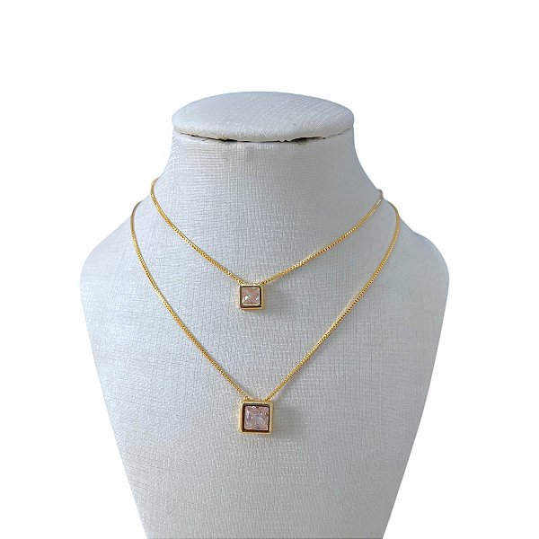 Colar Duplo Folheado Ouro 18k e Prata 925 Quadrado Ponto de Luz